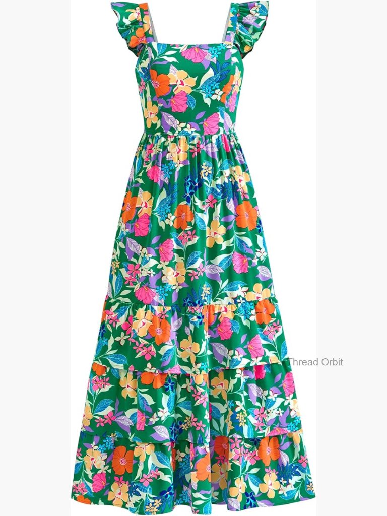 Sleeveless Square Neck Smocked Tiered A-Line Maxi Sun Dress With Pockets